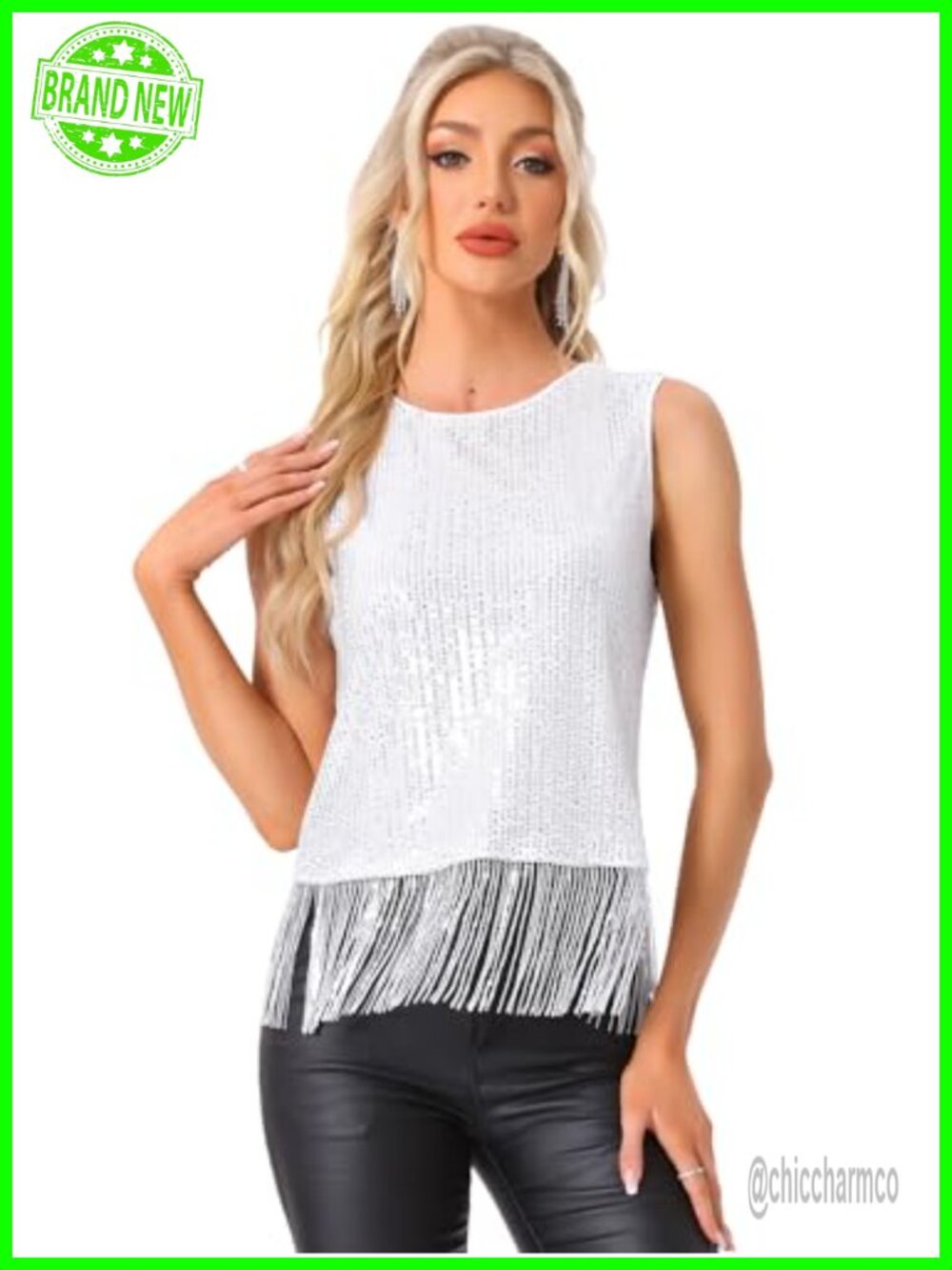 Sequin Fringe Sleeveless Crop Tank Top Party Night Out